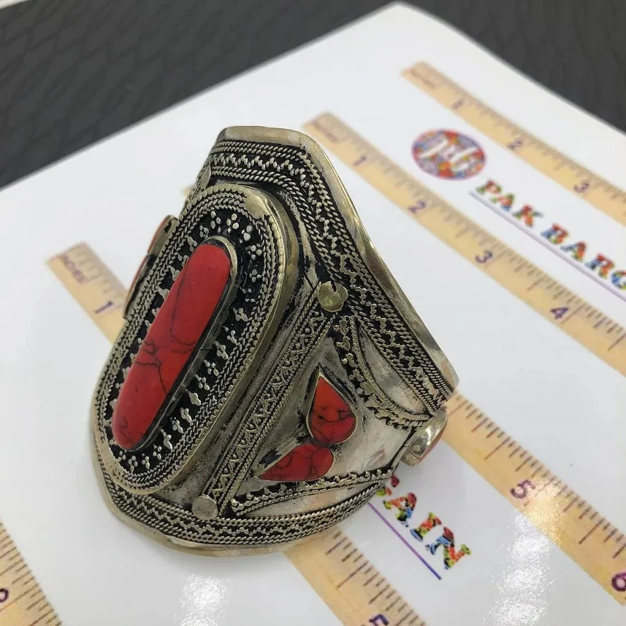 Coral Stone Ethnic Tribal Cuff Bracelet