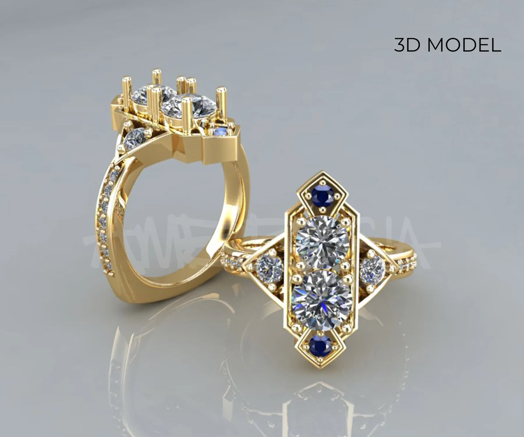 Custom Art Deco Diamond Sapphire Wedding Ring