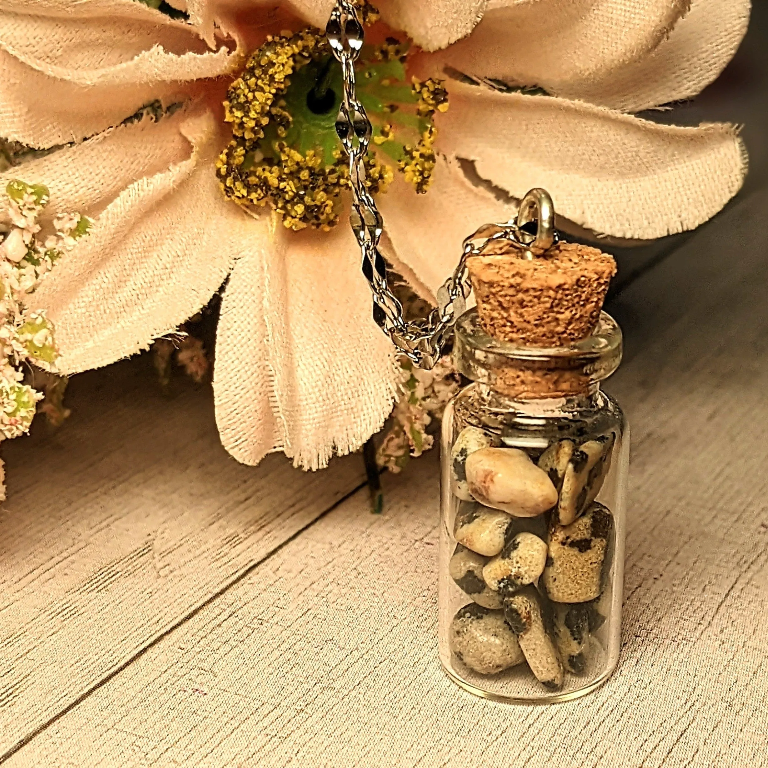 Dalmation Jasper Gemstone Bottle Necklace, 20 or 24 inch, Silver/Gold