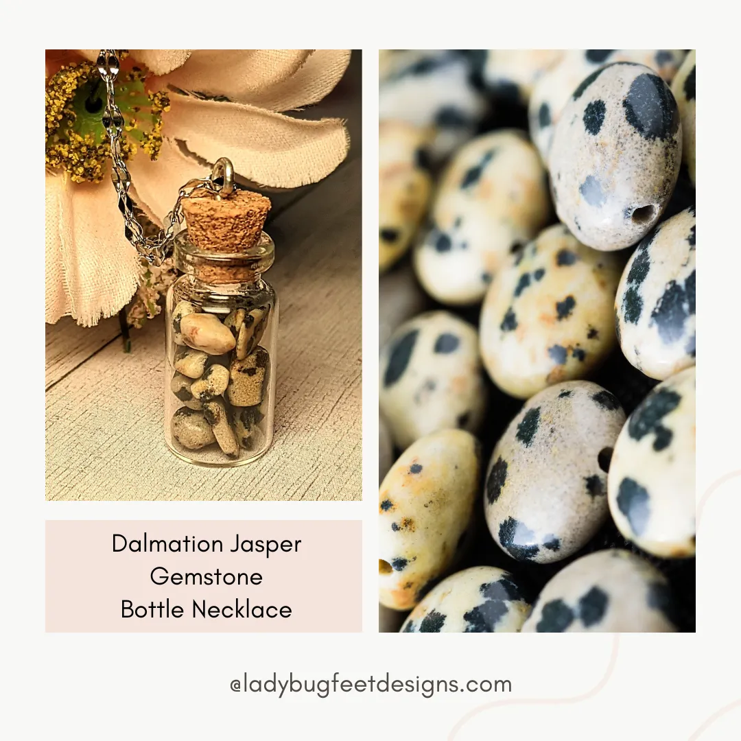 Dalmation Jasper Gemstone Bottle Necklace, 20 or 24 inch, Silver/Gold