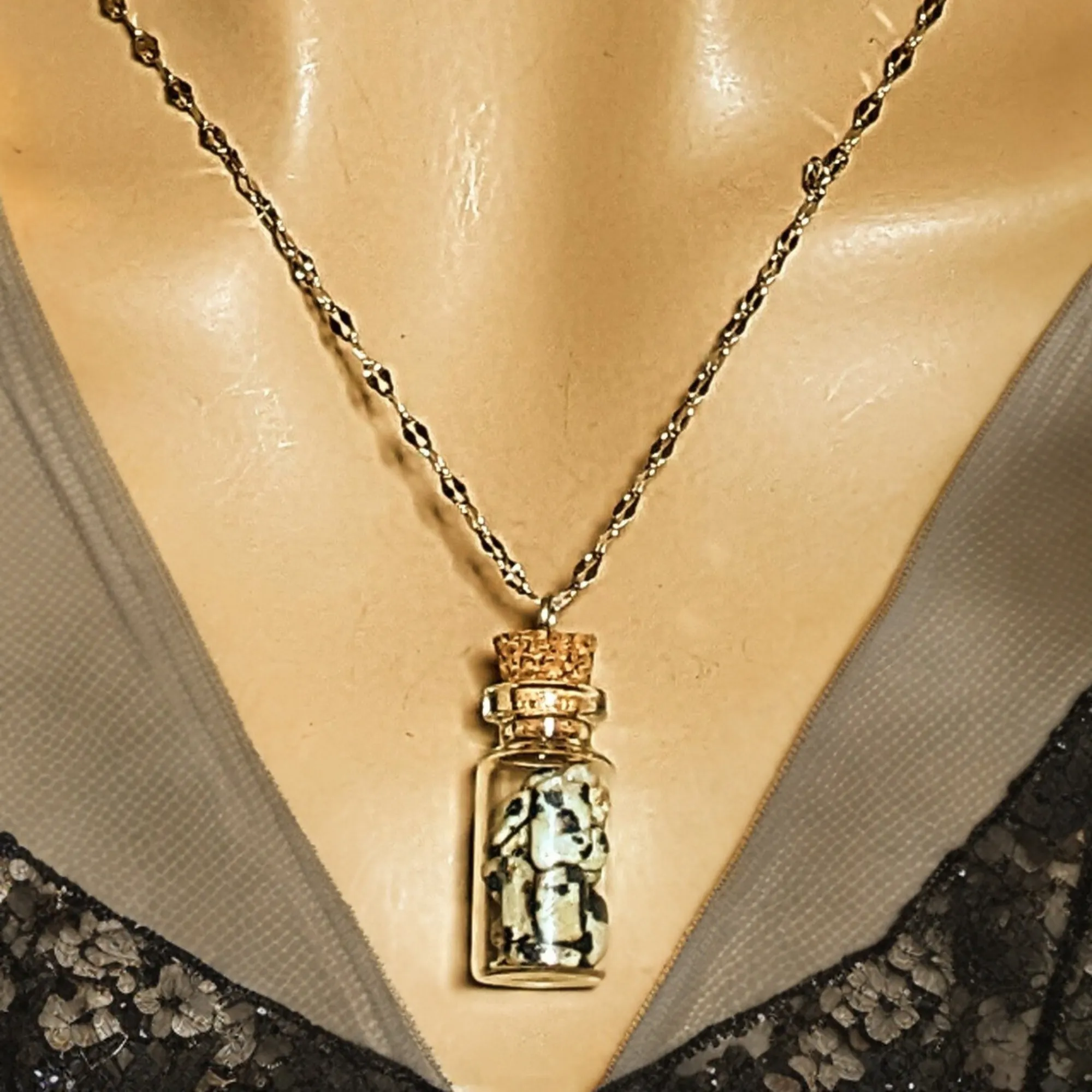 Dalmation Jasper Gemstone Bottle Necklace, 20 or 24 inch, Silver/Gold