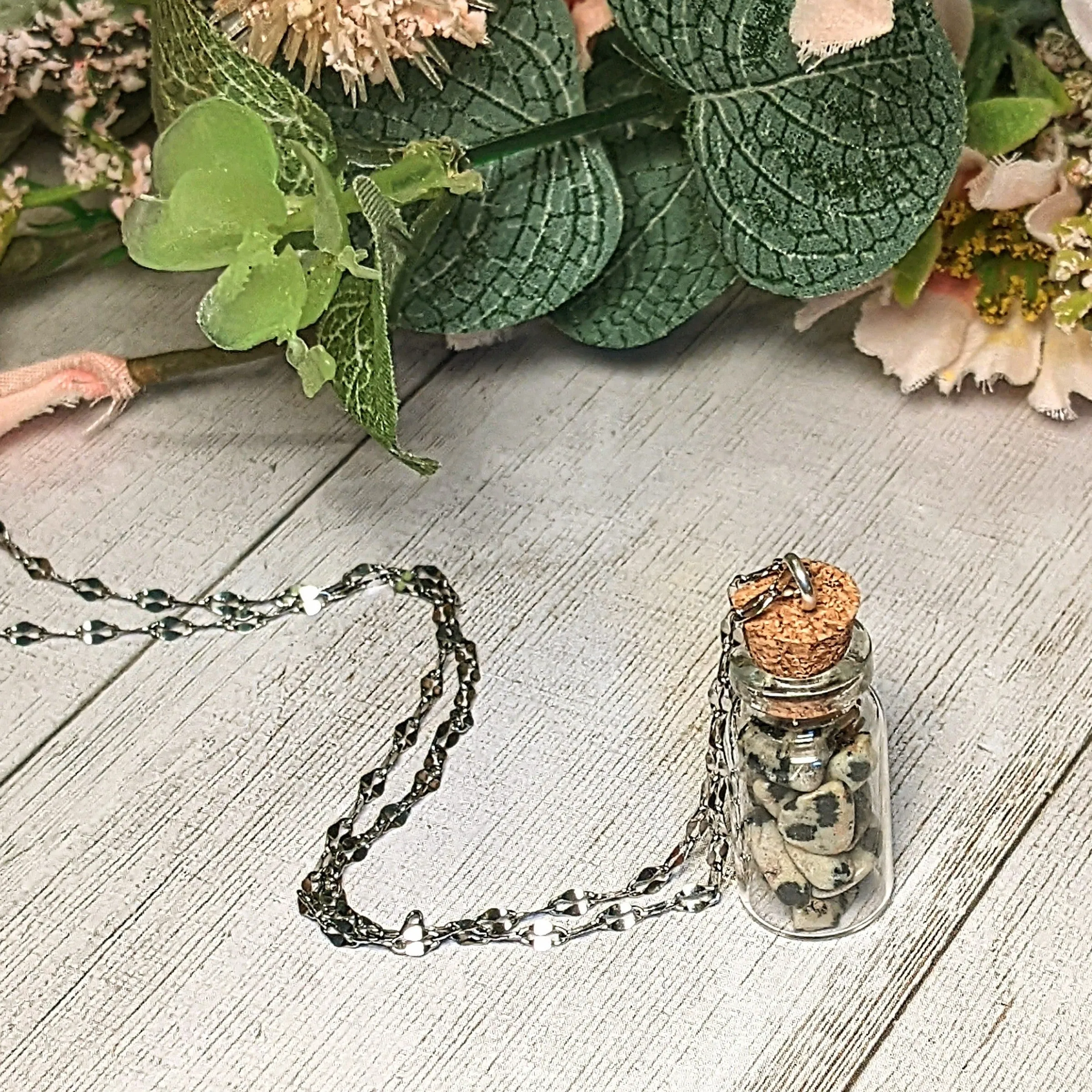 Dalmation Jasper Gemstone Bottle Necklace, 20 or 24 inch, Silver/Gold