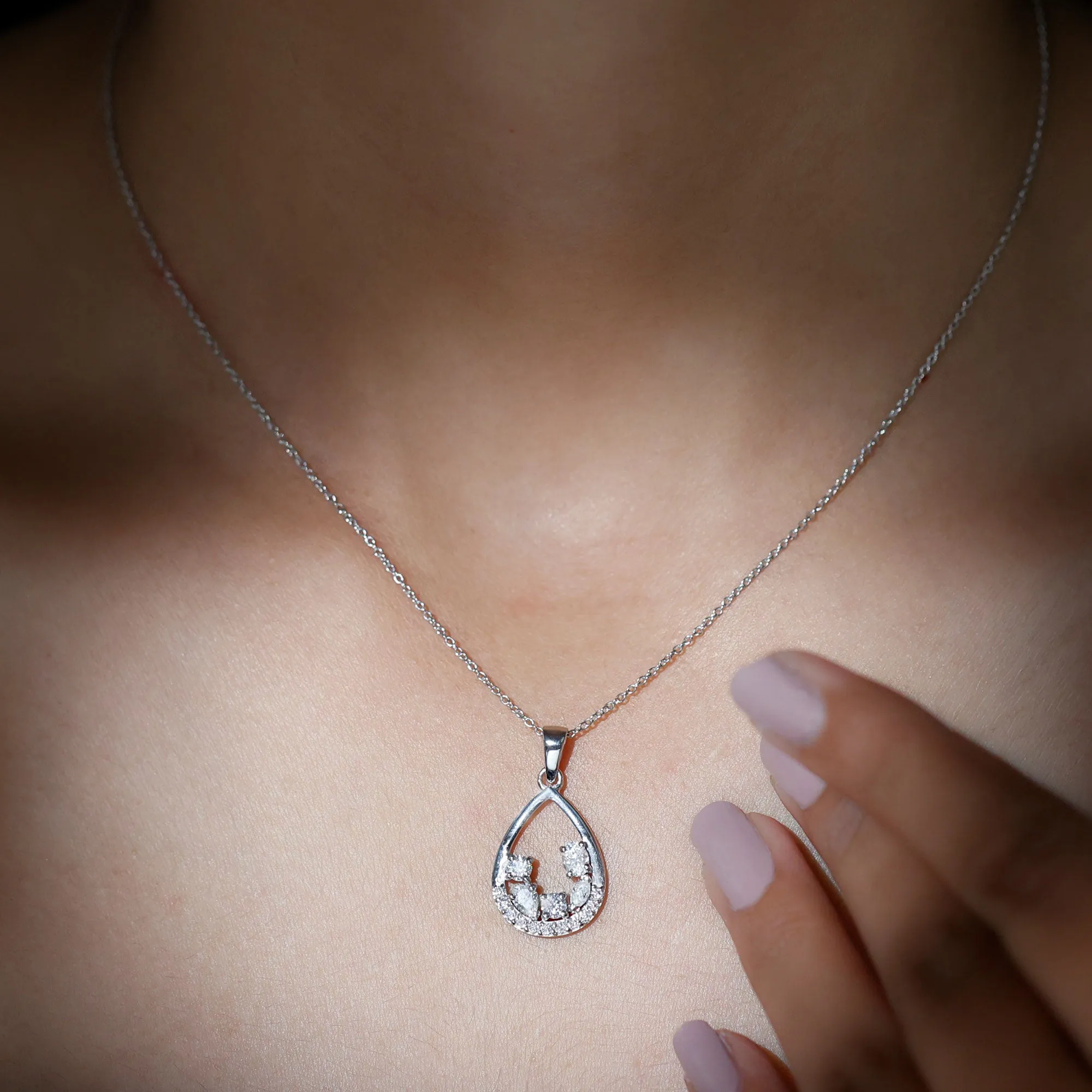 Designer Moissanite Teardrop Pendant Necklace in Silver