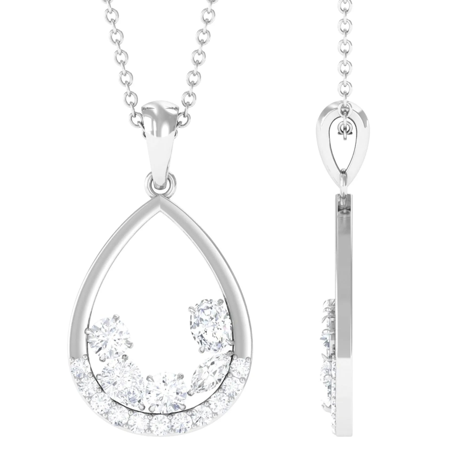 Designer Moissanite Teardrop Pendant Necklace in Silver