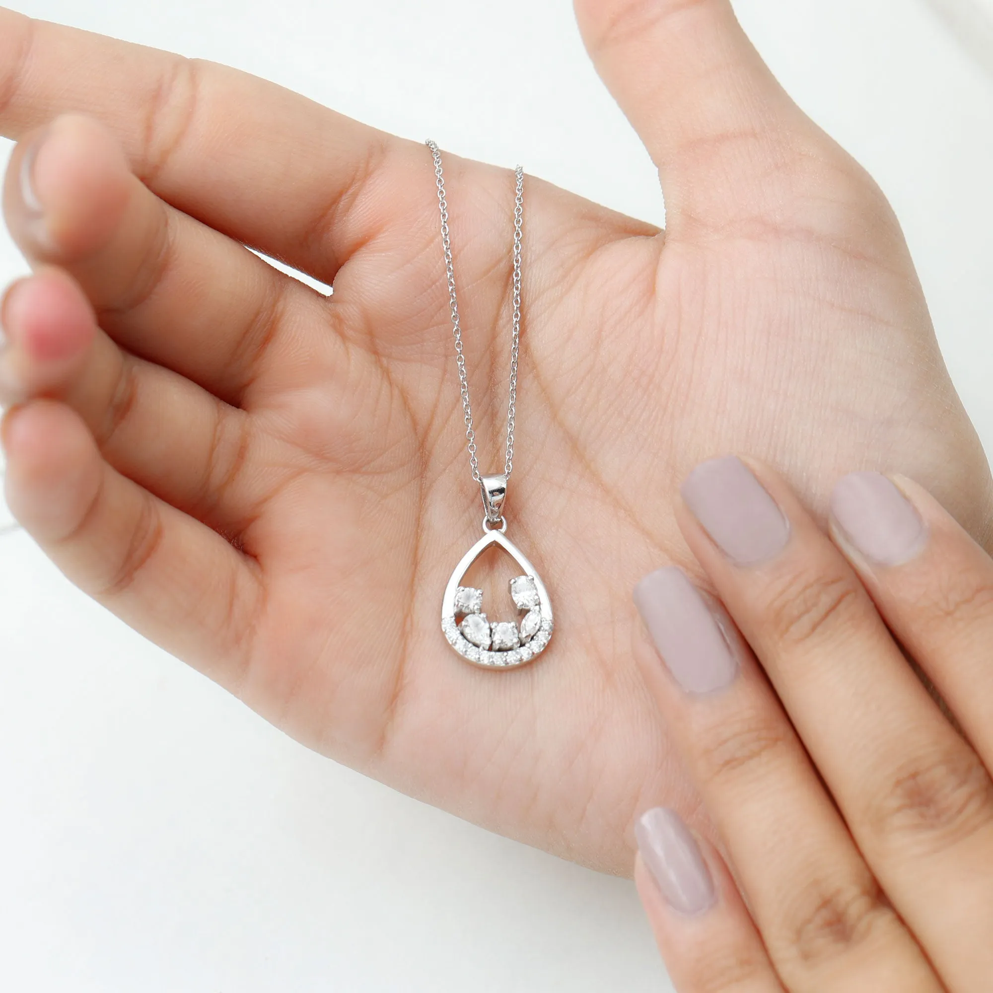 Designer Moissanite Teardrop Pendant Necklace in Silver