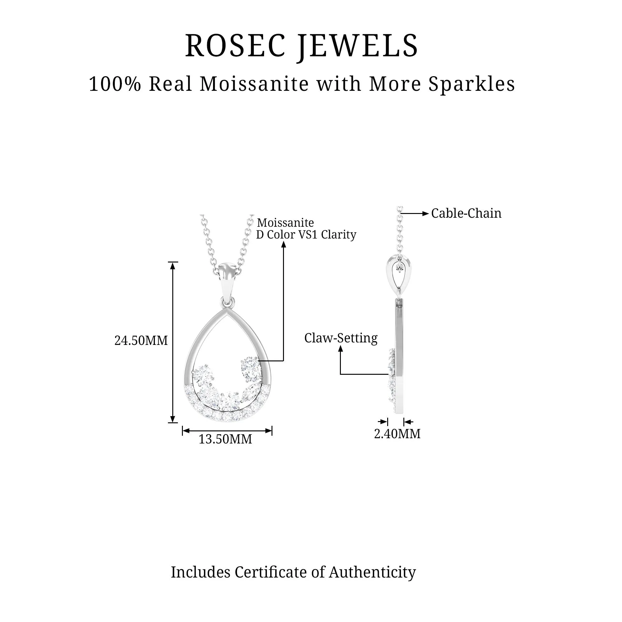 Designer Moissanite Teardrop Pendant Necklace in Silver
