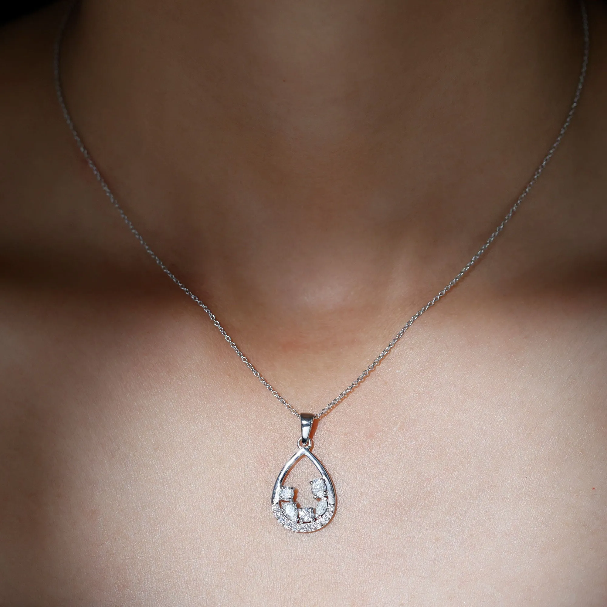 Designer Moissanite Teardrop Pendant Necklace in Silver