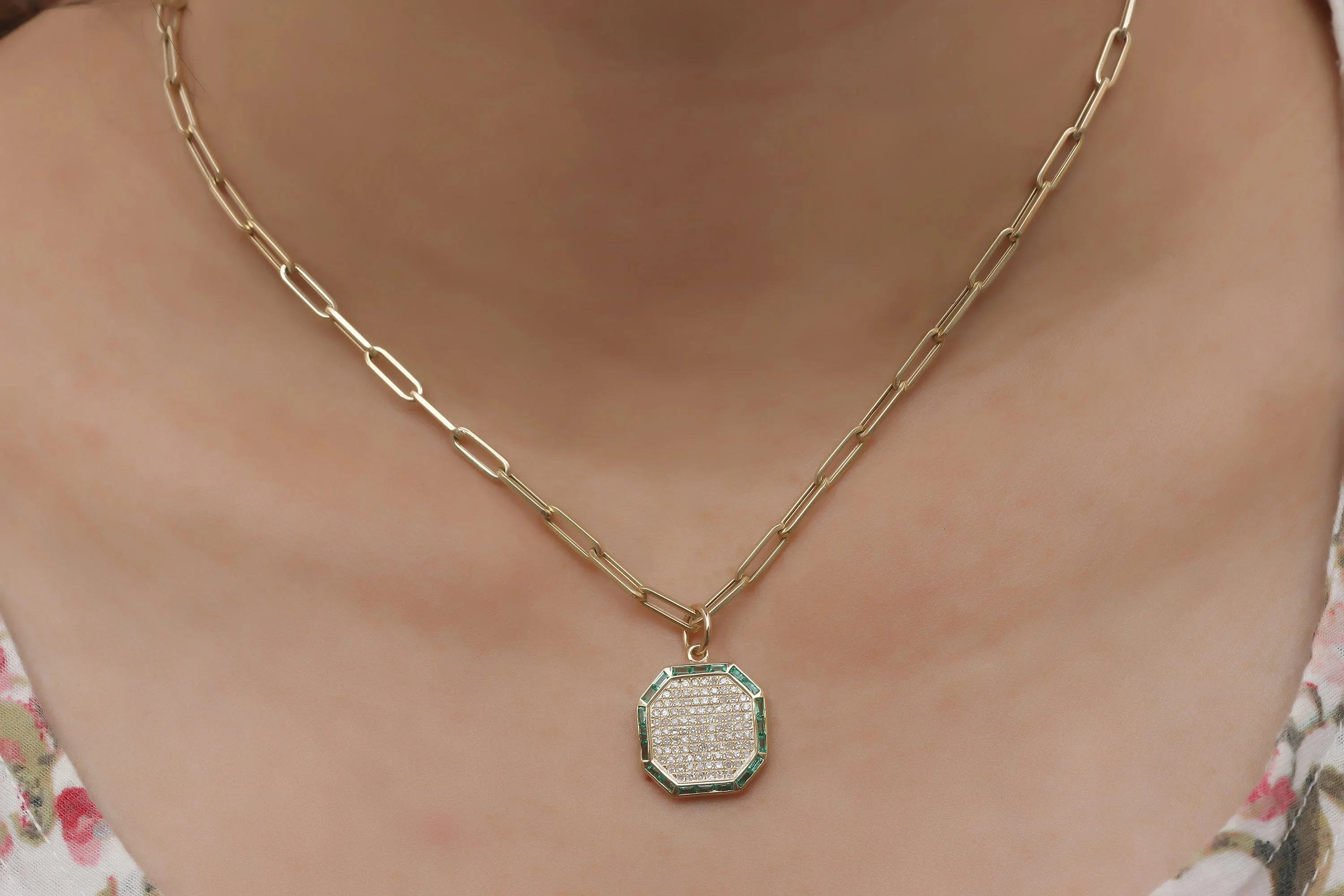 Diamond Baguette Cut Emerald Octagon Pendant 15mm