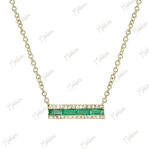 Diamond Baguette Emerald Bar Necklace