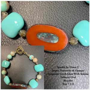 Double-Bracelet Set - Jasper, Travertine and Opaque Turquoise Czech Glass with Sedona Table cut Oval focal with other focal and matching earrings set