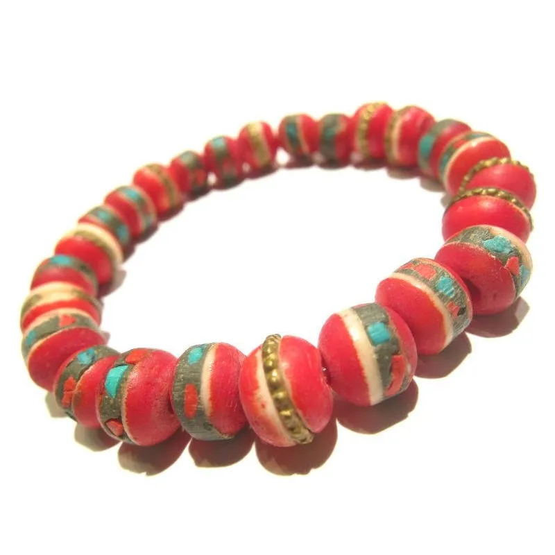 Dyed Cow Bone Inlaid with Turquoise & Coral Prayer Bead Stretch Bracelet