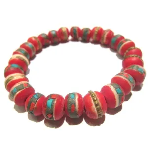 Dyed Cow Bone Inlaid with Turquoise & Coral Prayer Bead Stretch Bracelet