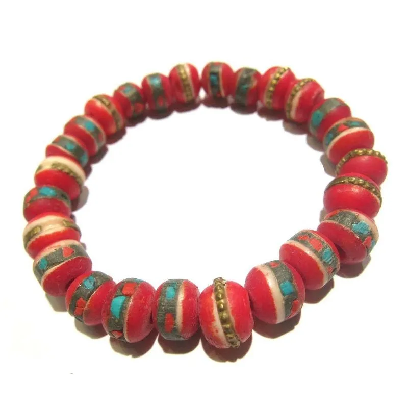 Dyed Cow Bone Inlaid with Turquoise & Coral Prayer Bead Stretch Bracelet