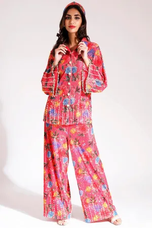 Embroidered Coral Pant Set In Net