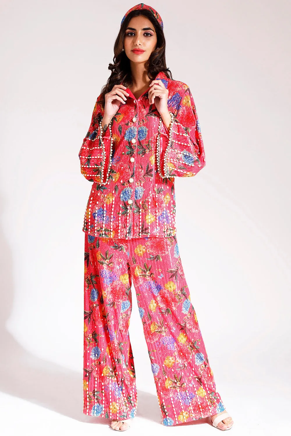 Embroidered Coral Pant Set In Net