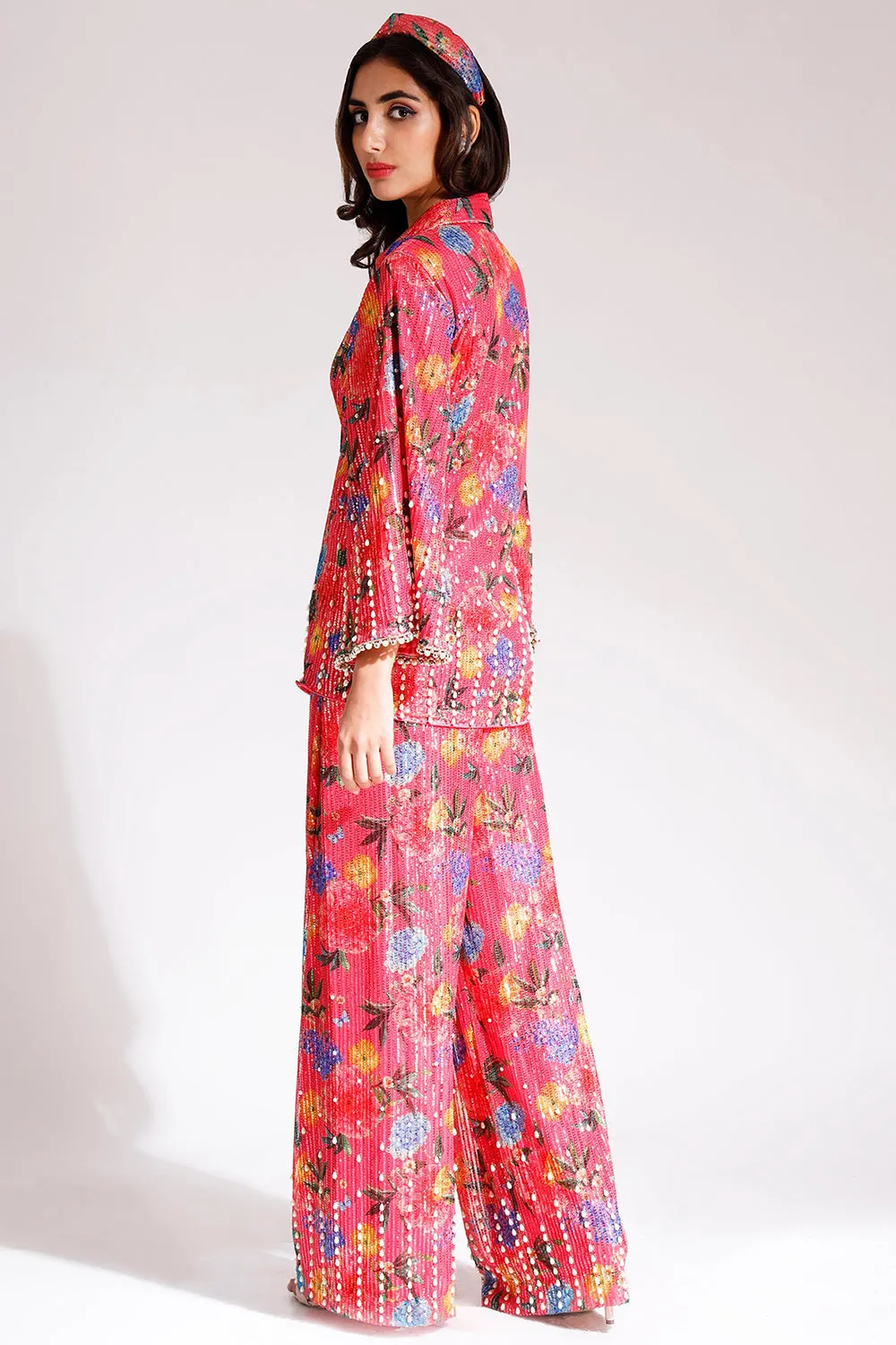 Embroidered Coral Pant Set In Net