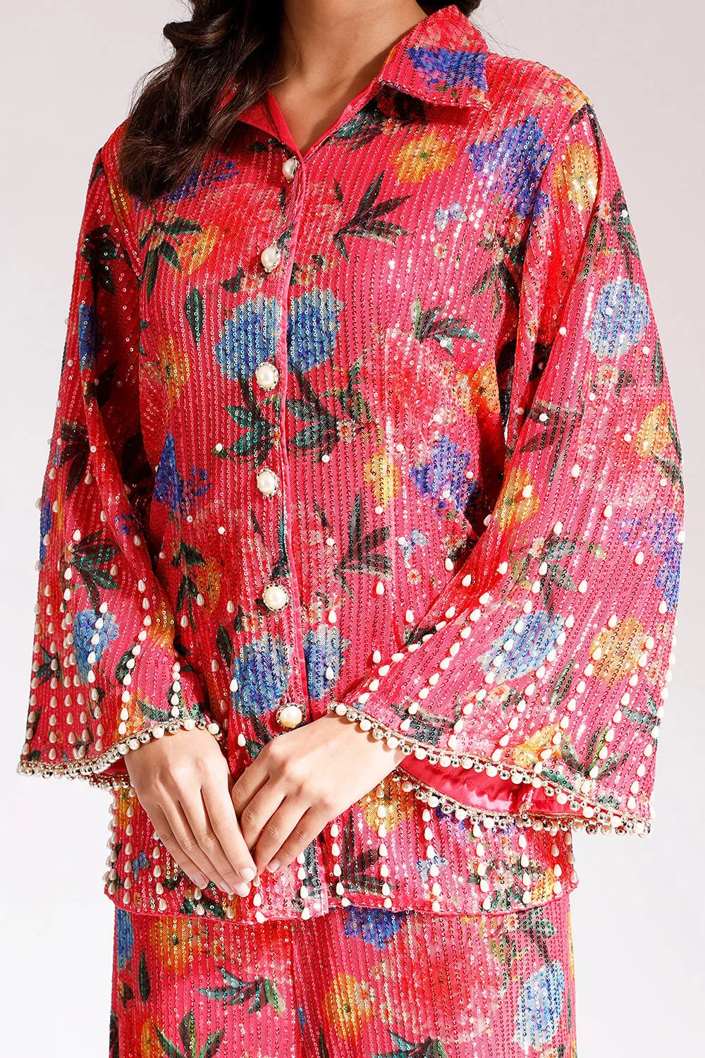 Embroidered Coral Pant Set In Net