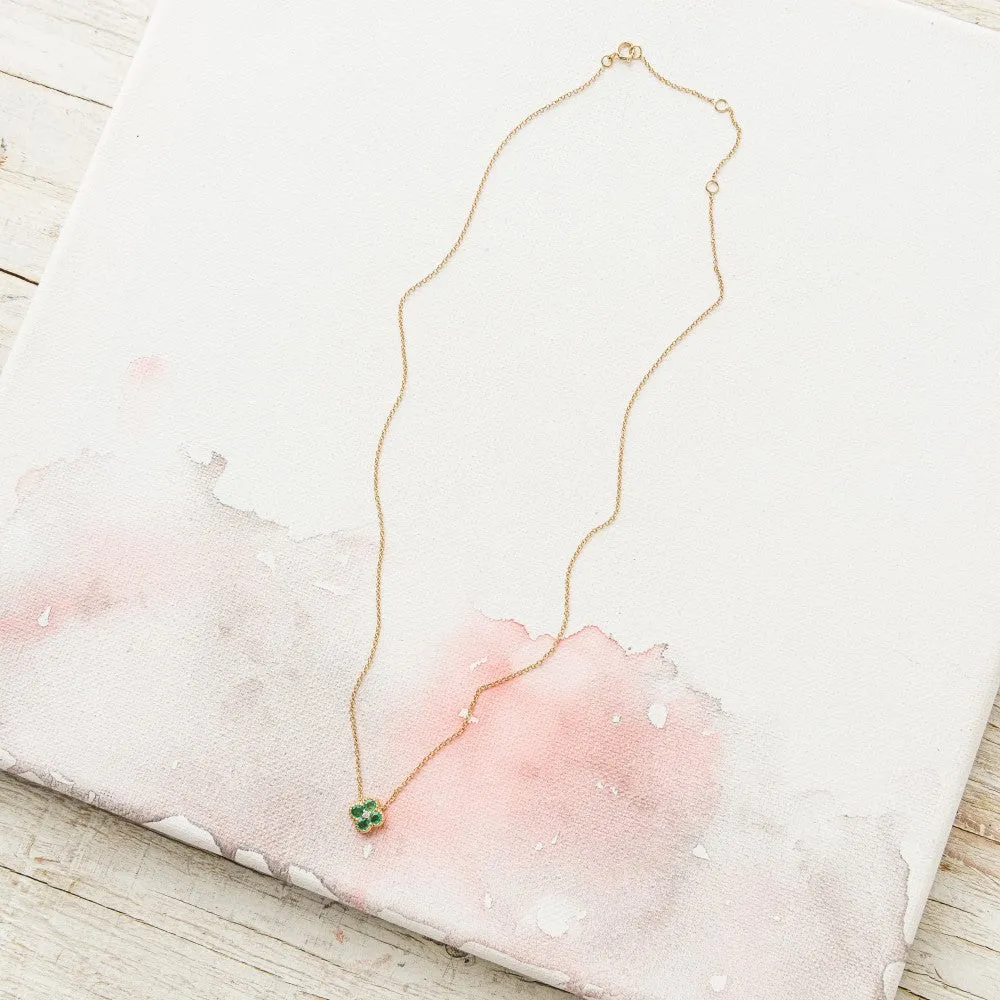Emerald Quatrefoil Necklace with Diamond in 14k Gold
