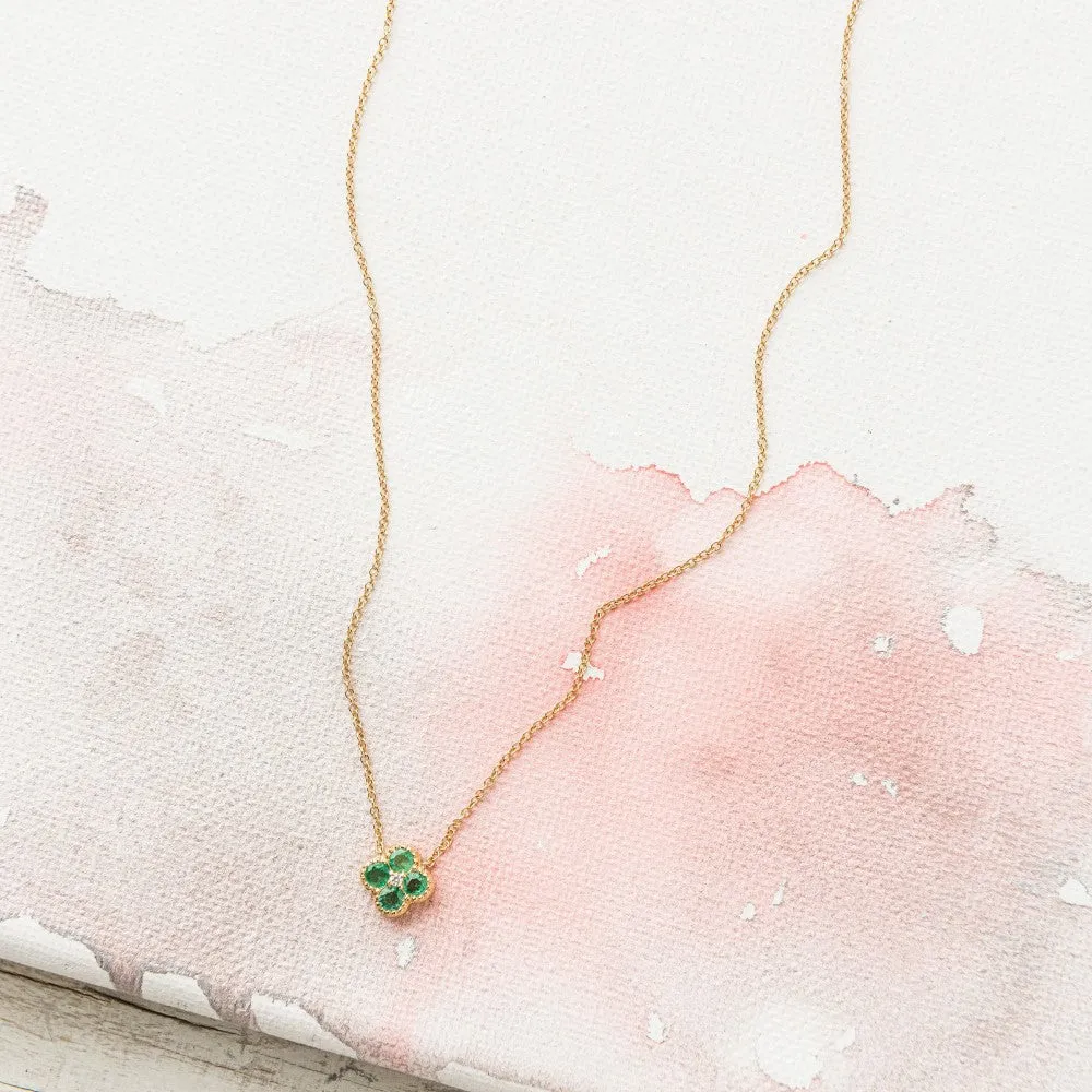 Emerald Quatrefoil Necklace with Diamond in 14k Gold