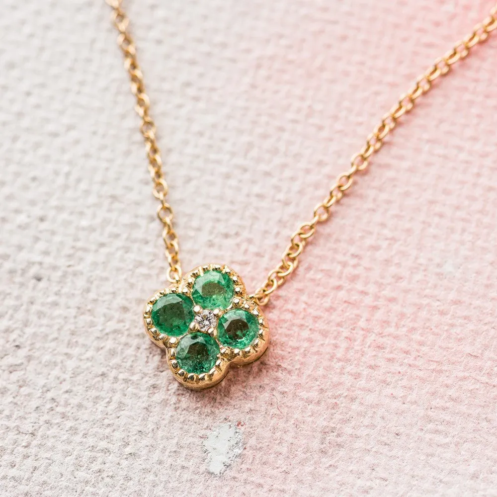 Emerald Quatrefoil Necklace with Diamond in 14k Gold