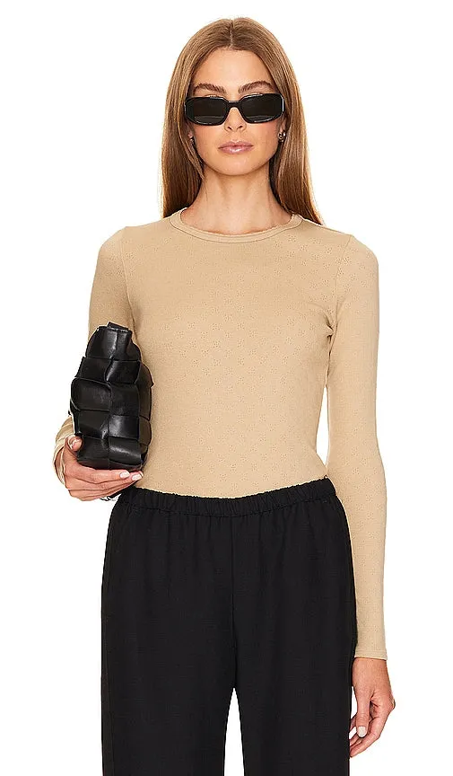 Enza Costa Scallop Edge Pointelle Long Sleeve Crew in Tan