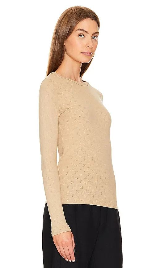 Enza Costa Scallop Edge Pointelle Long Sleeve Crew in Tan