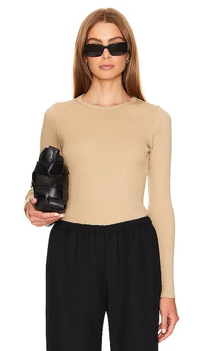 Enza Costa Scallop Edge Pointelle Long Sleeve Crew in Tan