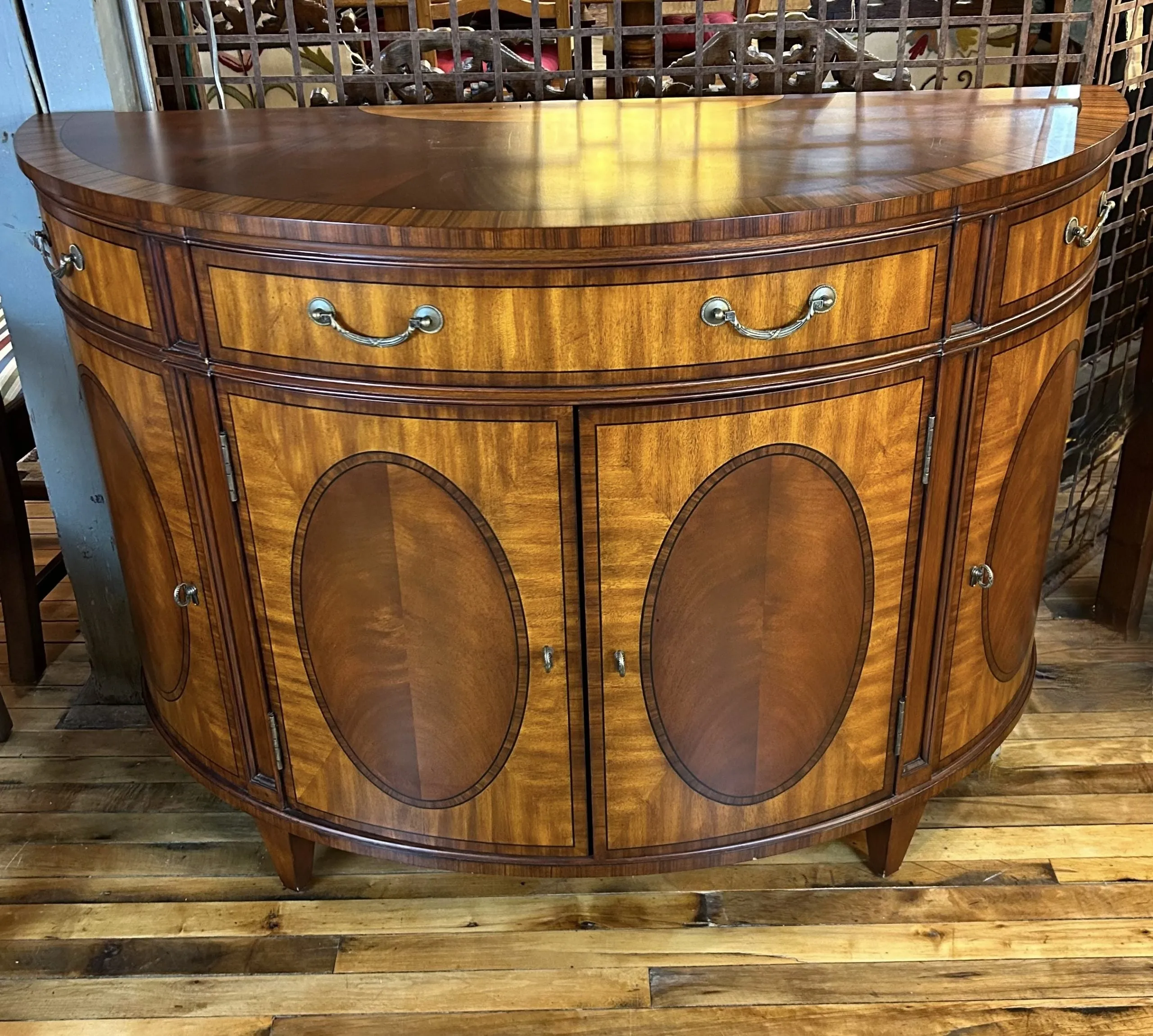 Ethan Allen Regency Inlaid Mahogany Demilune Sideboard or Bar Cabinet