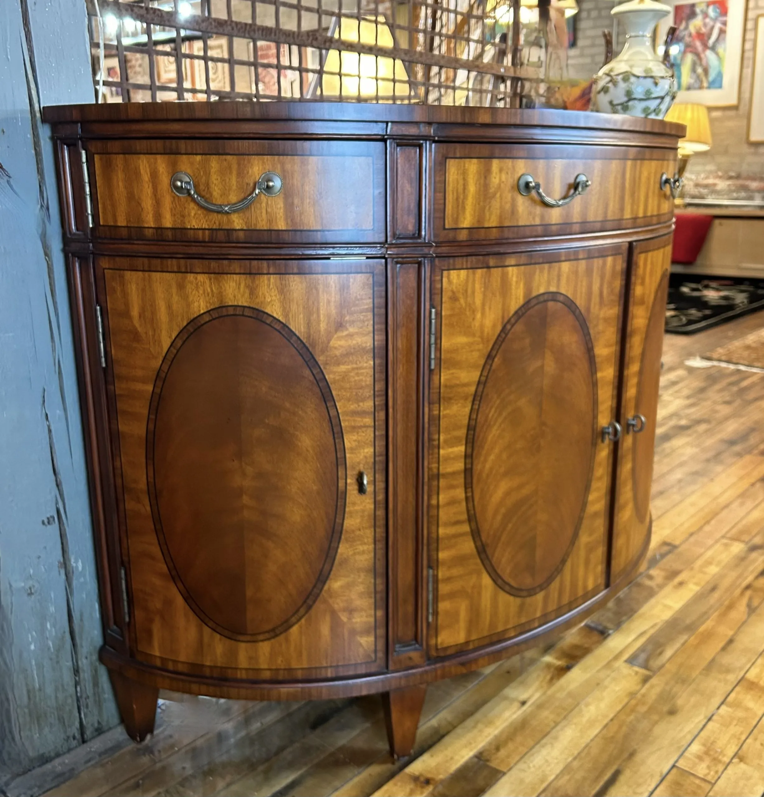 Ethan Allen Regency Inlaid Mahogany Demilune Sideboard or Bar Cabinet