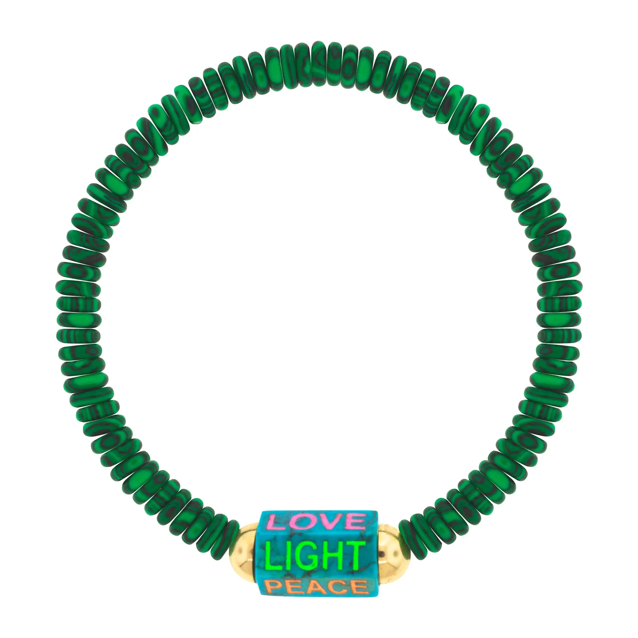 Extra Large Enameled "PEACE LIGHT LOVE" Turquoise Hexagon Beaded Bracelet