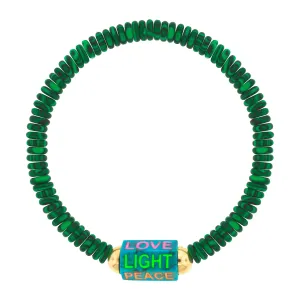 Extra Large Enameled "PEACE LIGHT LOVE" Turquoise Hexagon Beaded Bracelet