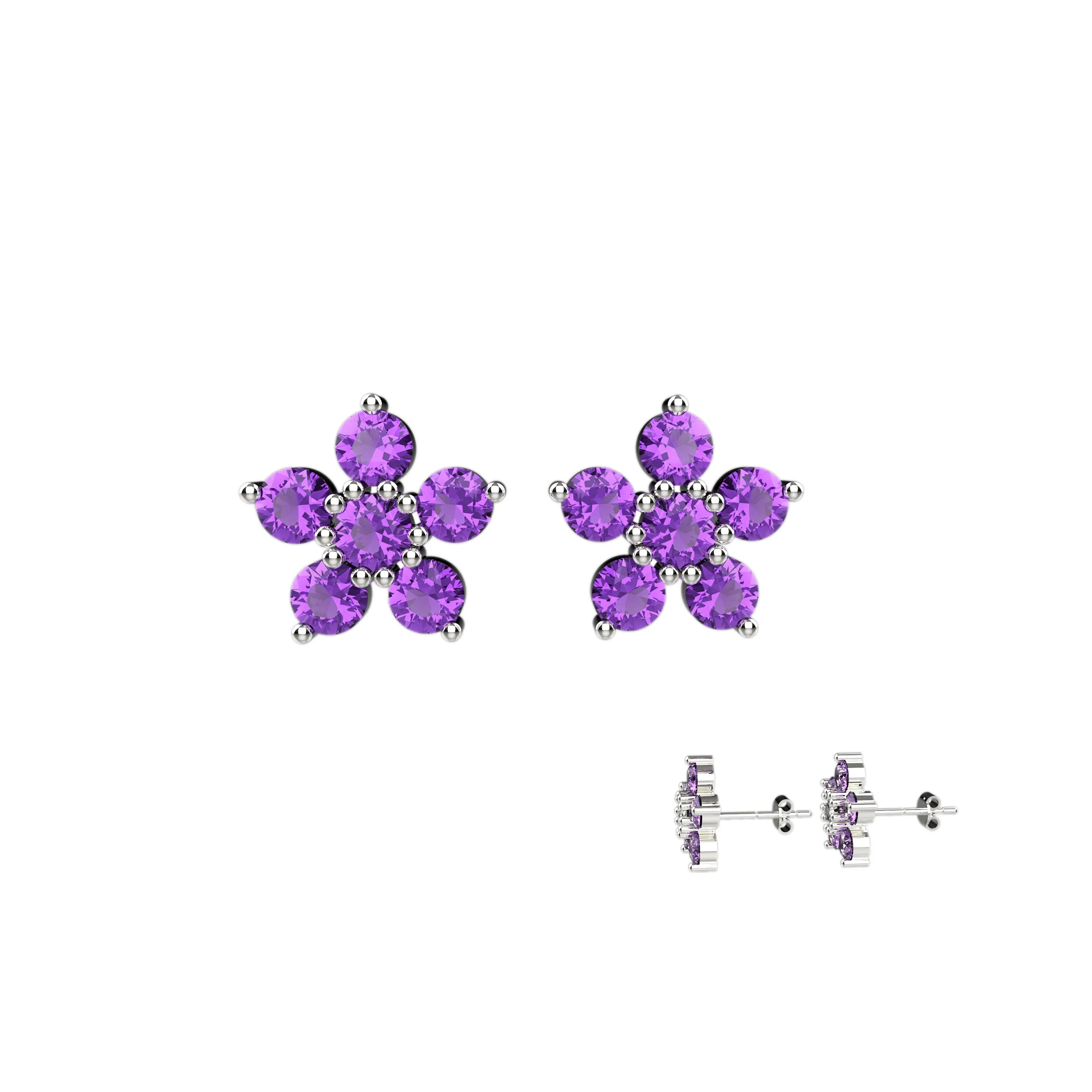 Flower Ear Stud In Amethyst Gemstone