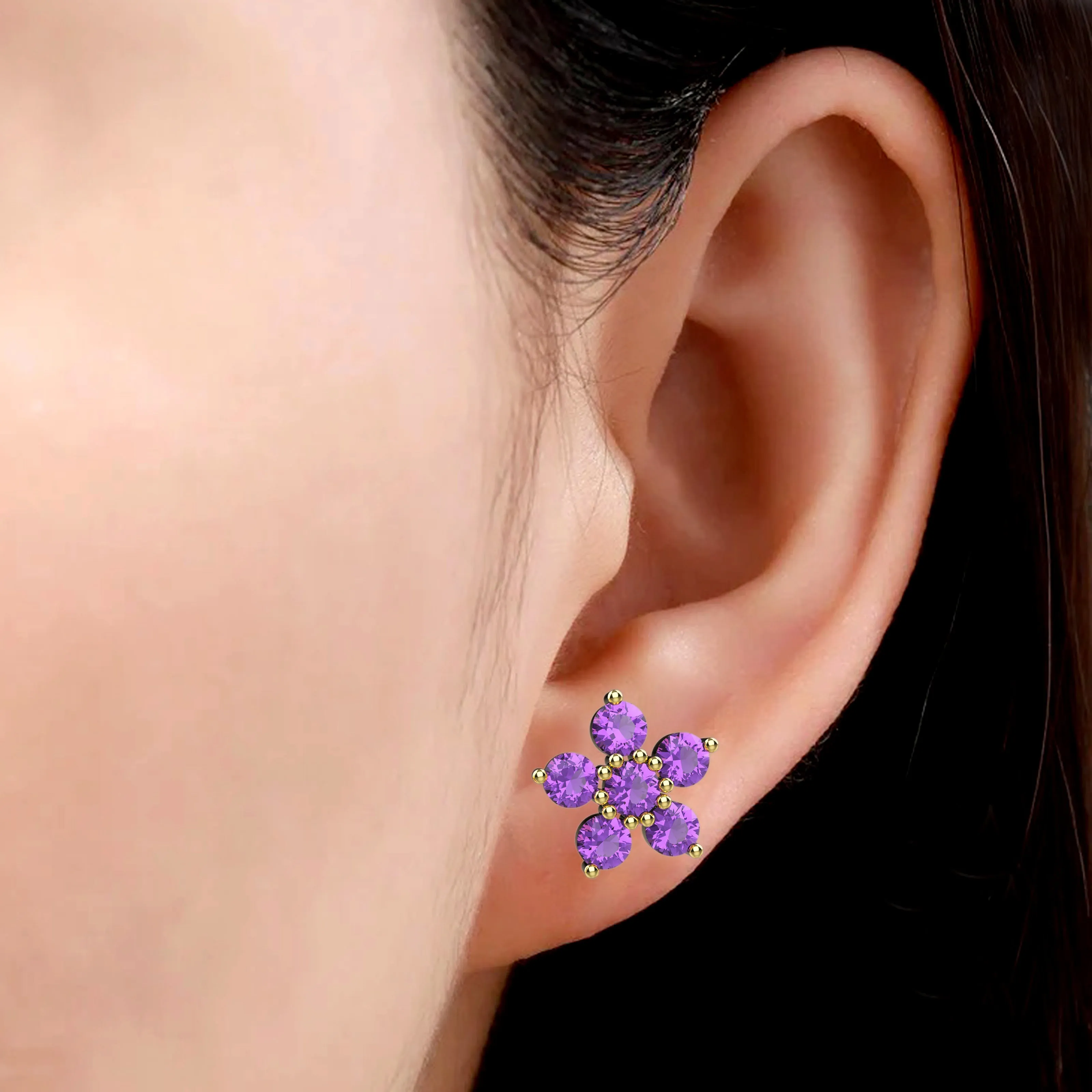 Flower Ear Stud In Amethyst Gemstone