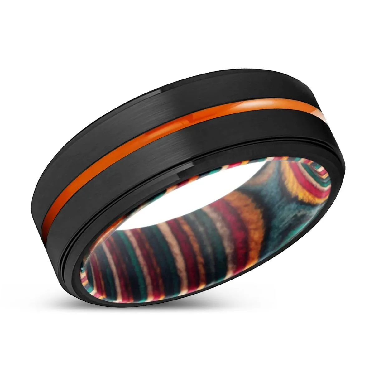 GARLAND | Multi Color Wood, Black Tungsten Ring, Orange Groove, Stepped Edge