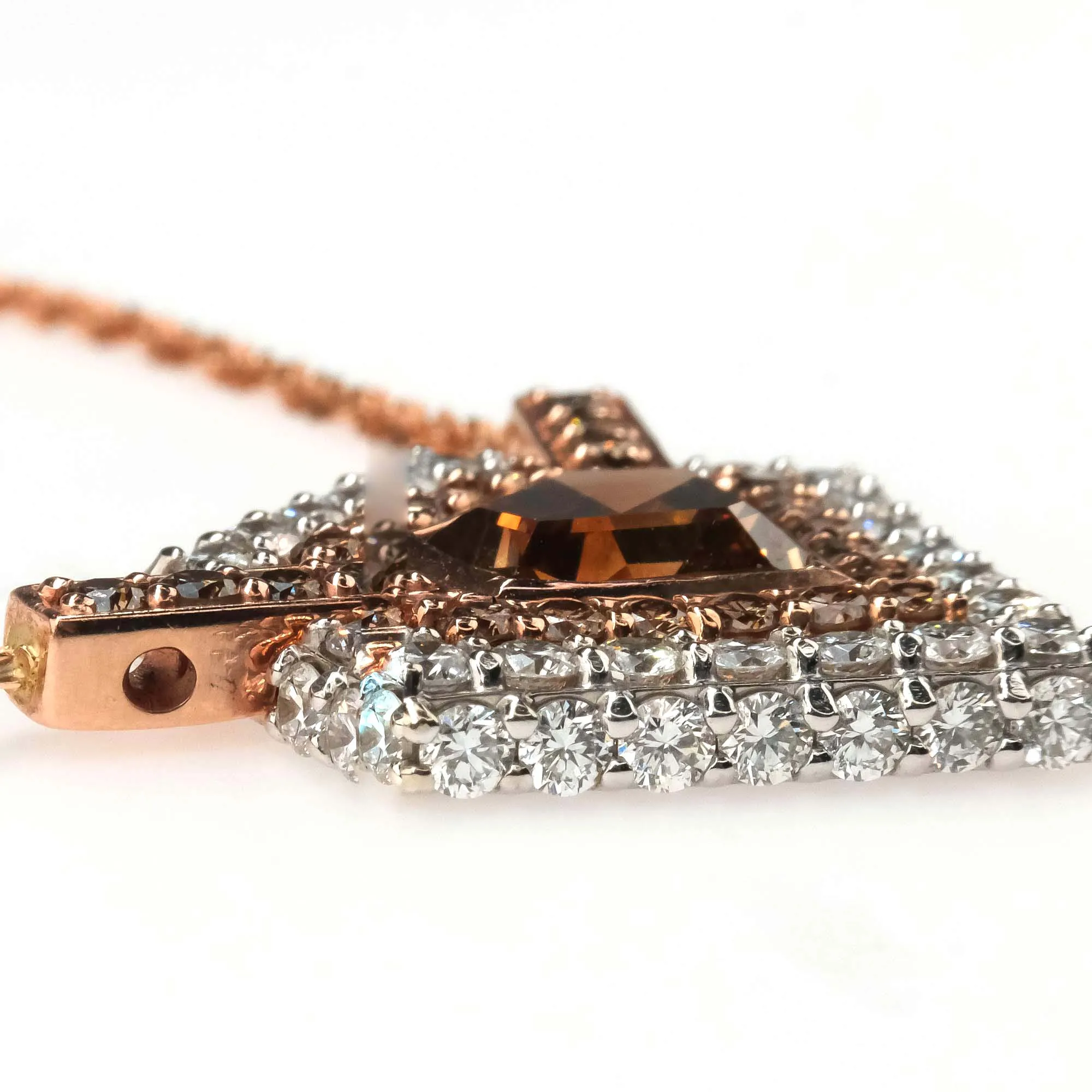 GIA 2.59ct Natural Brown Shield Diamond Double Halo Necklace in 14K Rose Gold