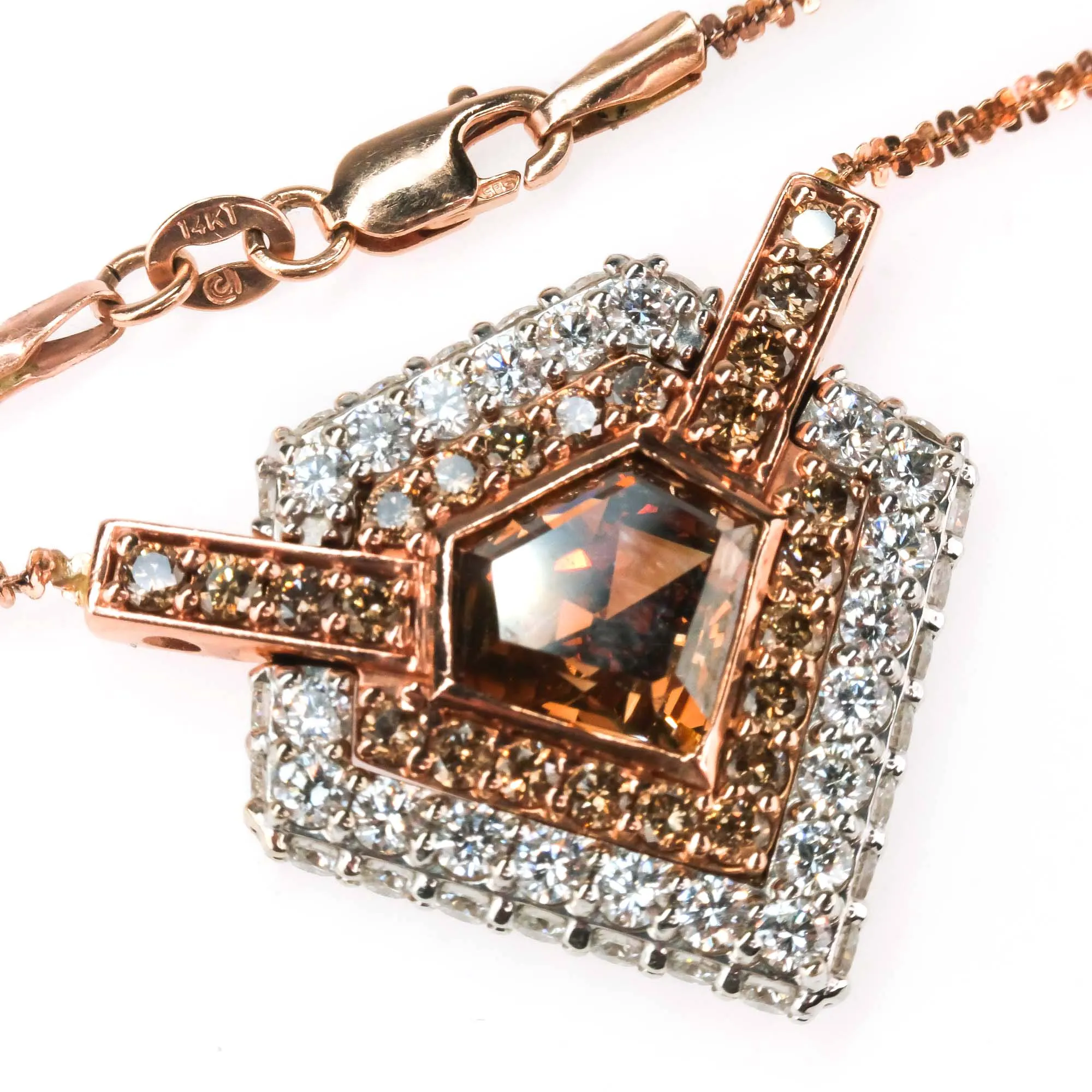 GIA 2.59ct Natural Brown Shield Diamond Double Halo Necklace in 14K Rose Gold