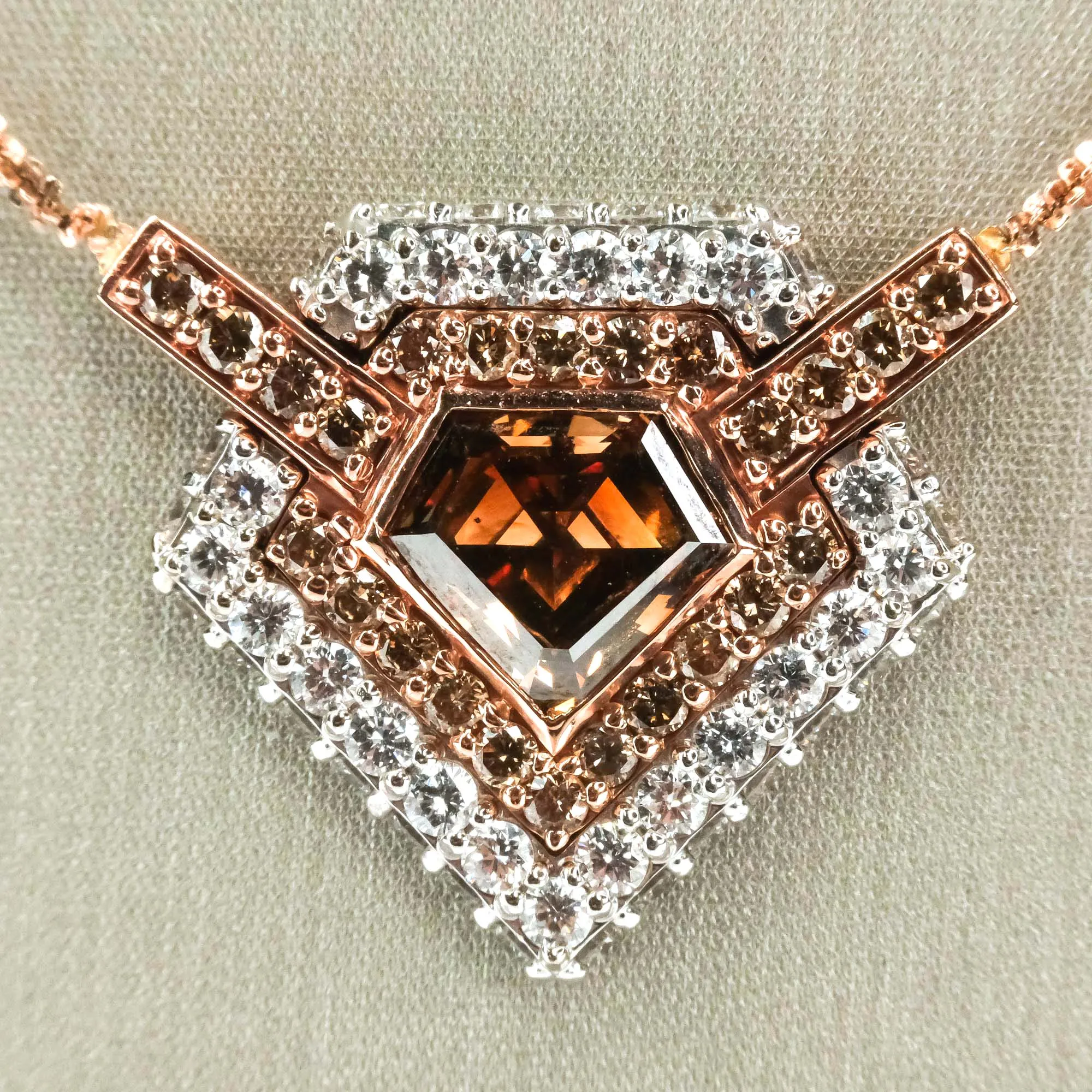 GIA 2.59ct Natural Brown Shield Diamond Double Halo Necklace in 14K Rose Gold