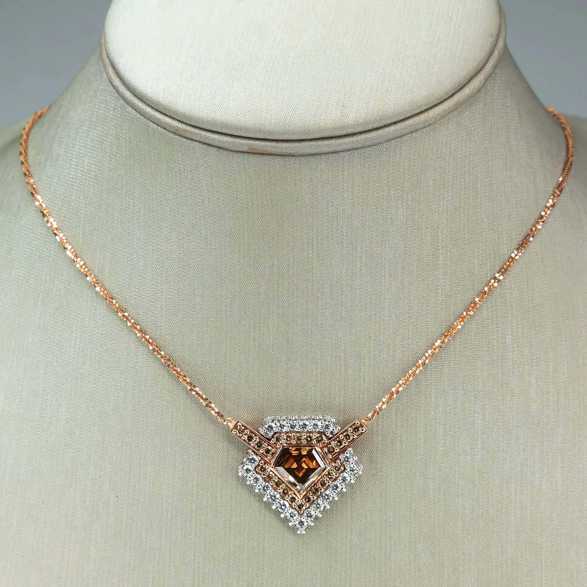 GIA 2.59ct Natural Brown Shield Diamond Double Halo Necklace in 14K Rose Gold