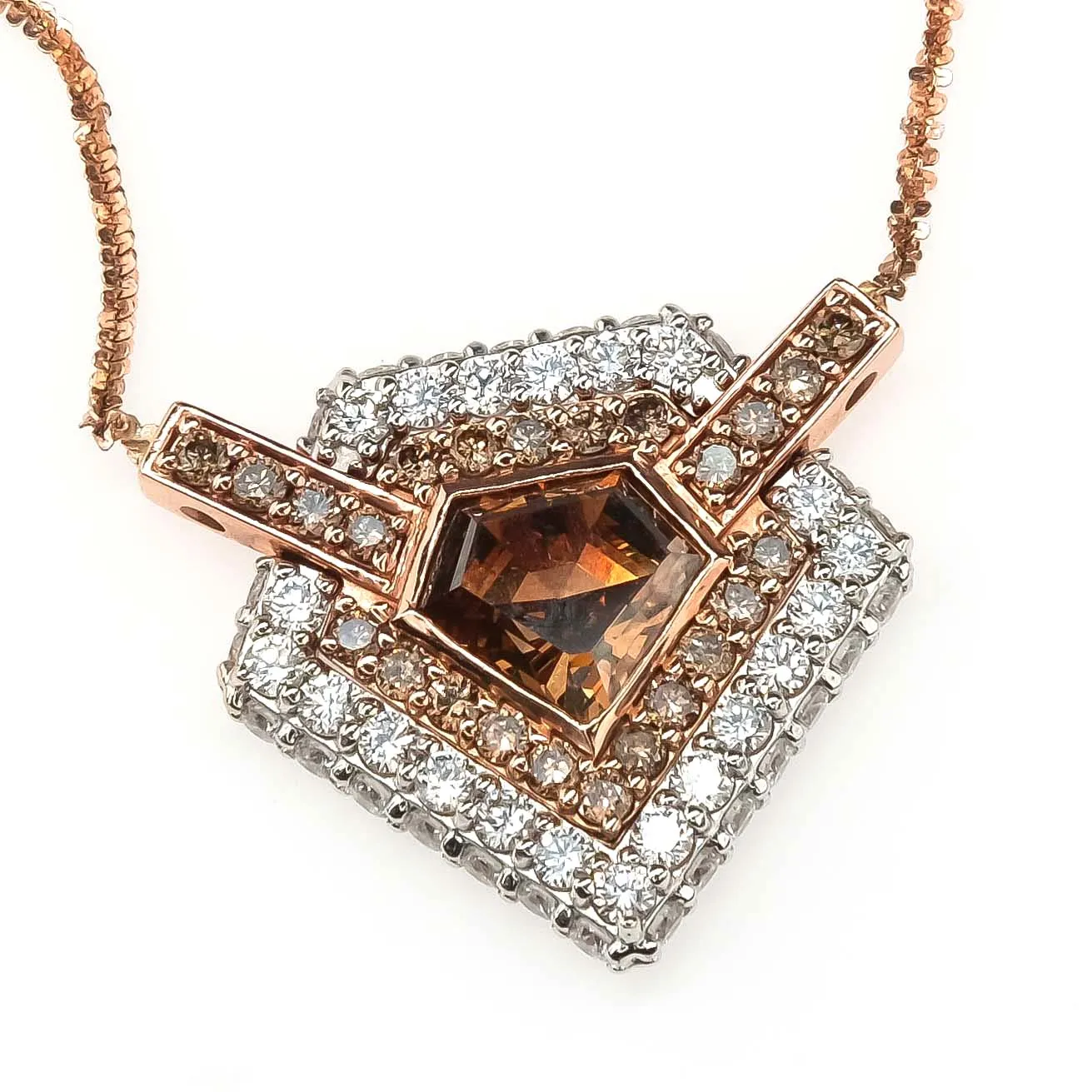 GIA 2.59ct Natural Brown Shield Diamond Double Halo Necklace in 14K Rose Gold