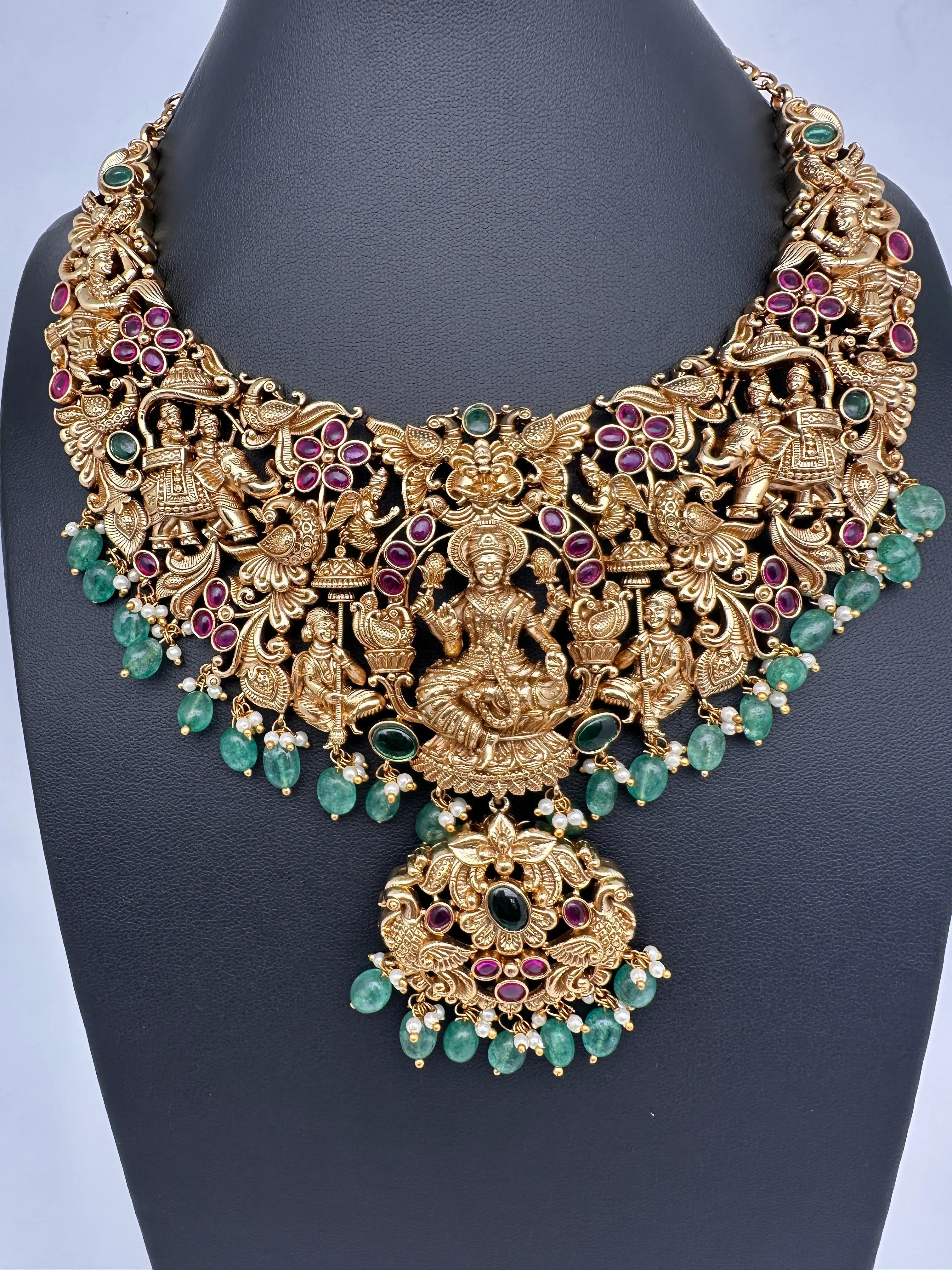 Goddess Lakshmi CZ Red Stone Matte Finish Neckline Nakshi Necklace Set