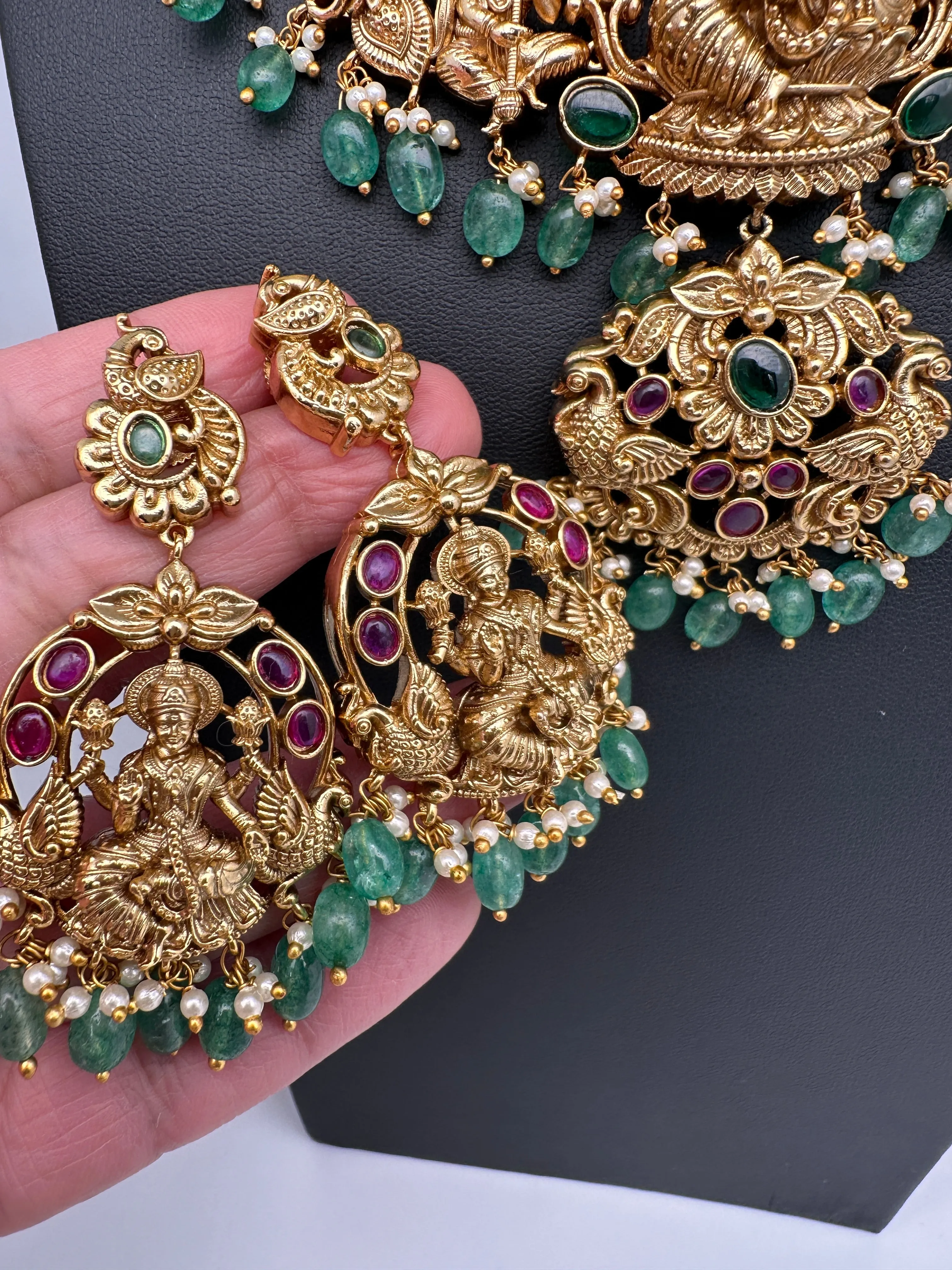 Goddess Lakshmi CZ Red Stone Matte Finish Neckline Nakshi Necklace Set