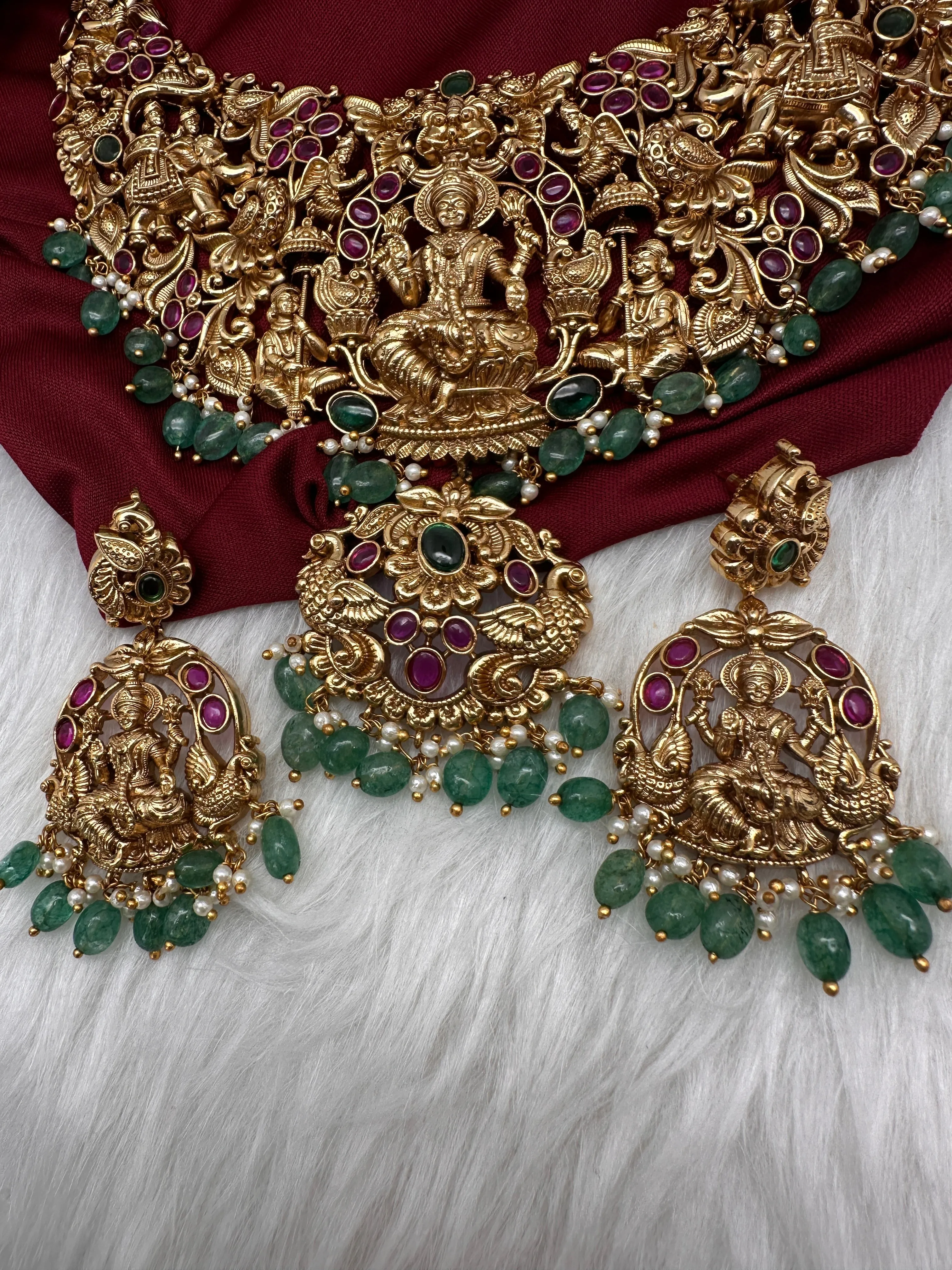 Goddess Lakshmi CZ Red Stone Matte Finish Neckline Nakshi Necklace Set