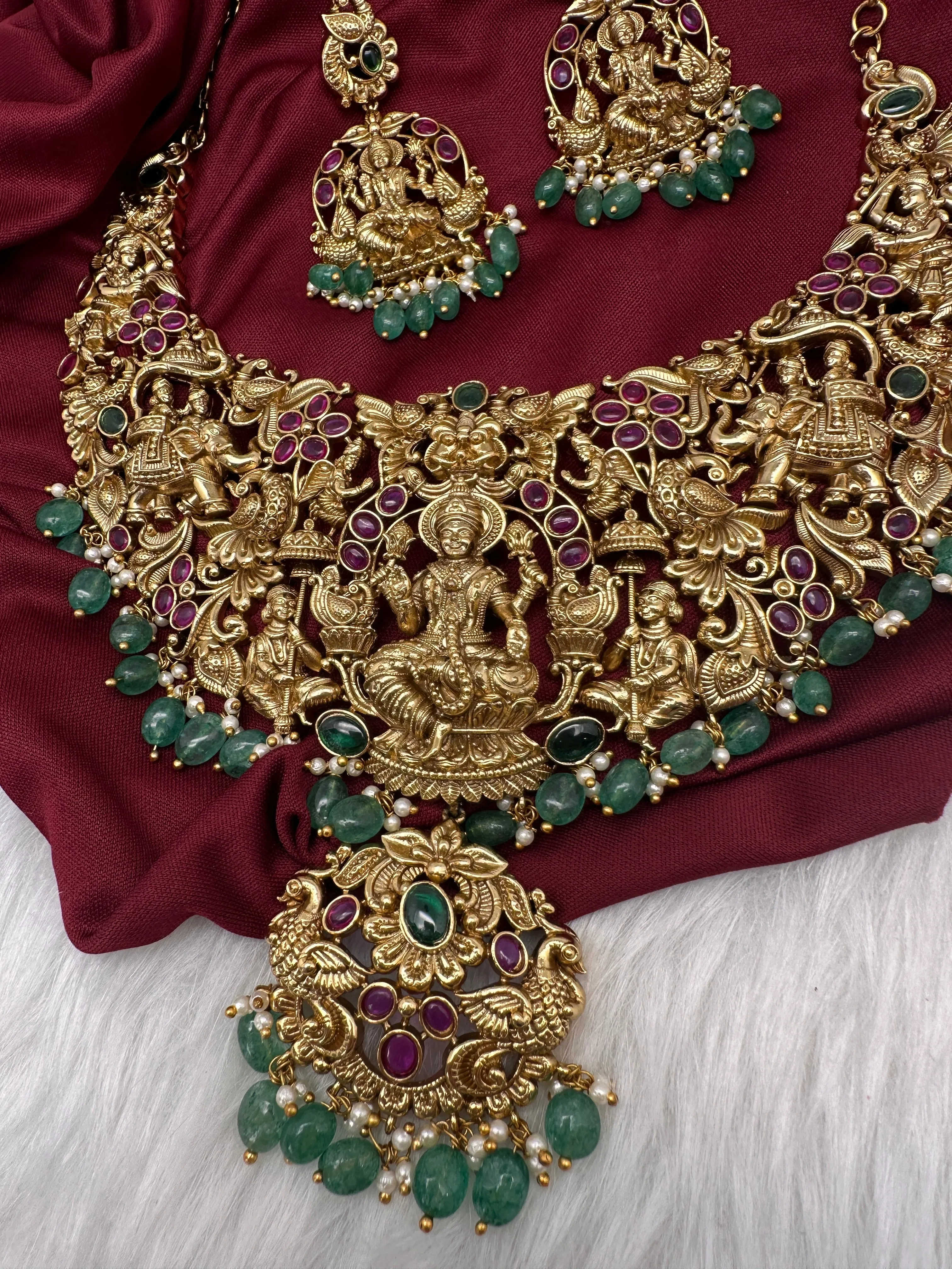 Goddess Lakshmi CZ Red Stone Matte Finish Neckline Nakshi Necklace Set