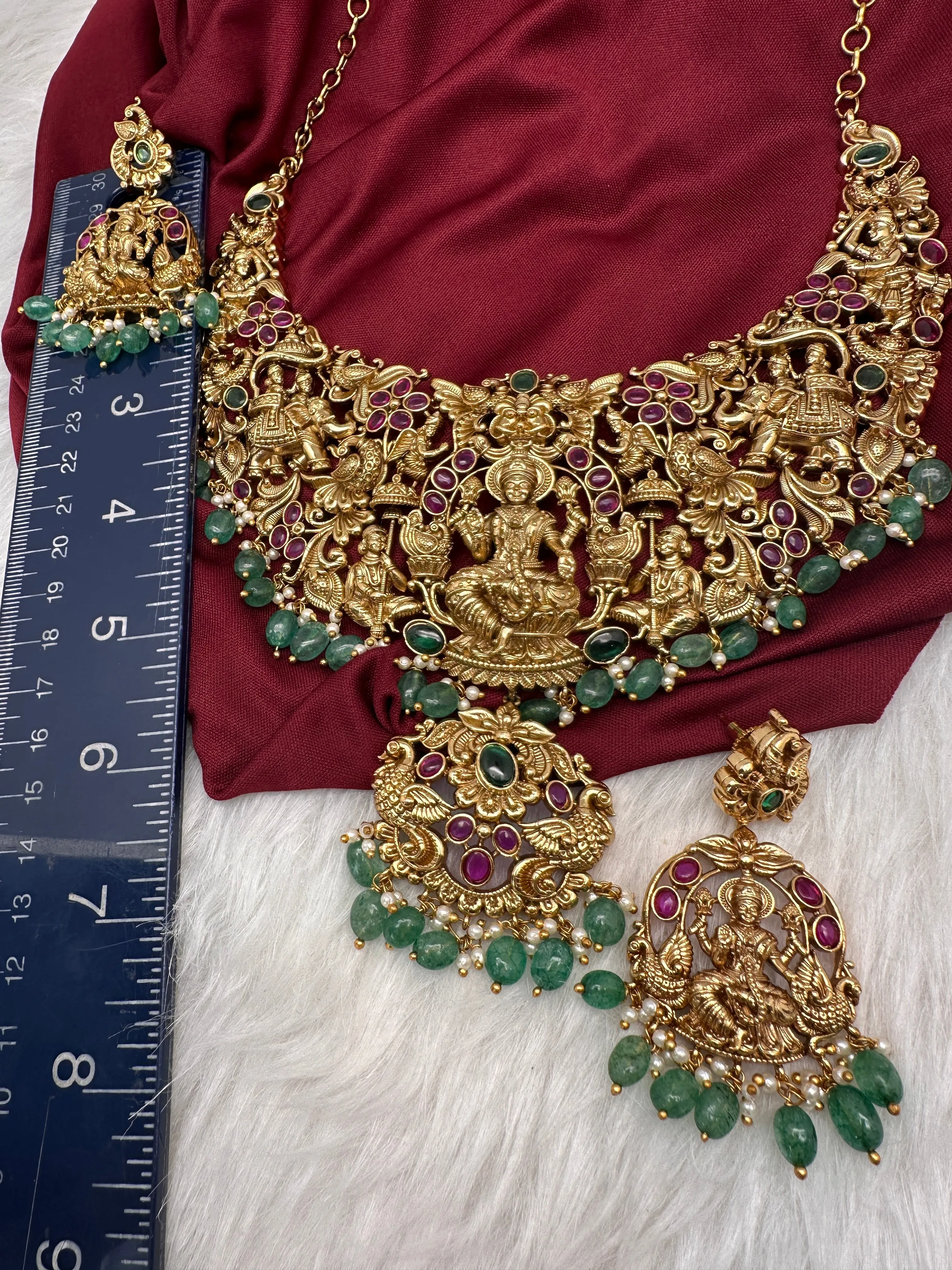 Goddess Lakshmi CZ Red Stone Matte Finish Neckline Nakshi Necklace Set