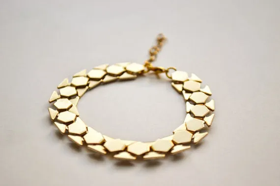 Gold bracelet, wide flat gold plated chain adjustable bracelet, statement jewelry, Christmas gift for her