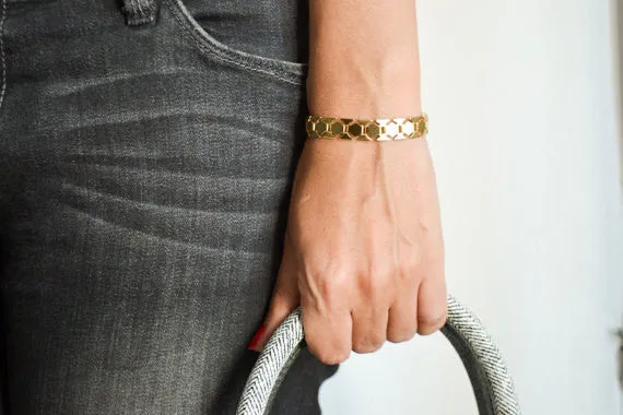 Gold bracelet, wide flat gold plated chain adjustable bracelet, statement jewelry, Christmas gift for her
