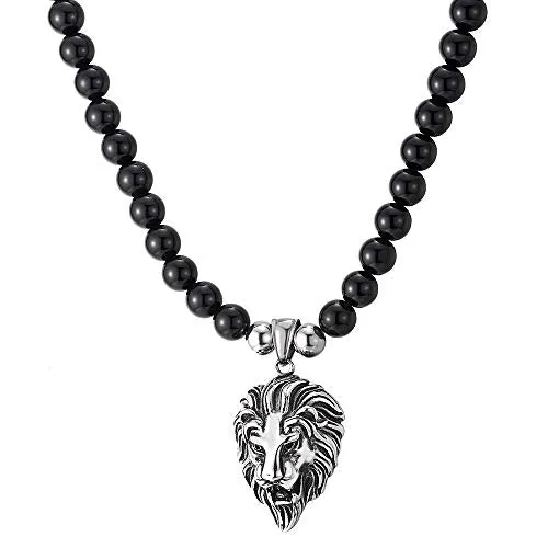 Gothic Punk Rock Mens Black Onyx Beads Necklace Stainless Steel Vintage Lion Head Pendant