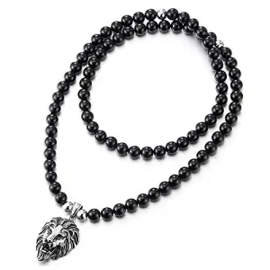 Gothic Punk Rock Mens Black Onyx Beads Necklace Stainless Steel Vintage Lion Head Pendant