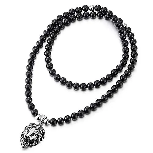 Gothic Punk Rock Mens Black Onyx Beads Necklace Stainless Steel Vintage Lion Head Pendant