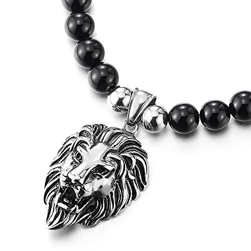 Gothic Punk Rock Mens Black Onyx Beads Necklace Stainless Steel Vintage Lion Head Pendant